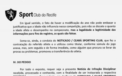 Sport aciona STJD pedindo a perda de pontos do Ceará. Devido à idade de um atleta de 31 anos (ou 33)