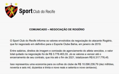 Sport inicia o portal da transparência com a saída de Rogério: “R$ 10 milhões”