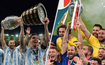 Campeãs continentais, Argentina e Itália erguem a taça na casa do rival; cena rara