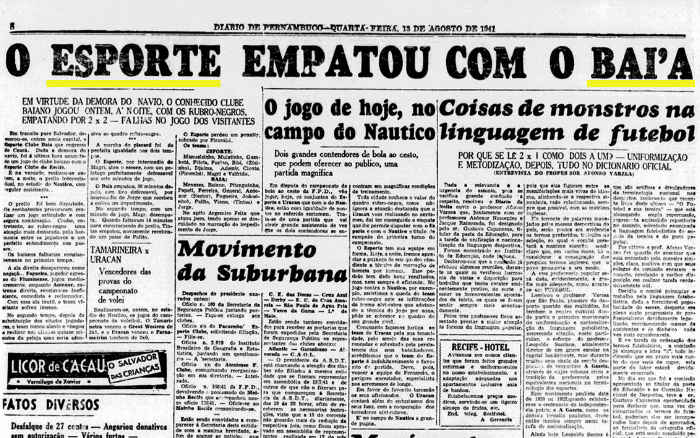 Amistoso em 1941: Sport 2 x 2 Bahia