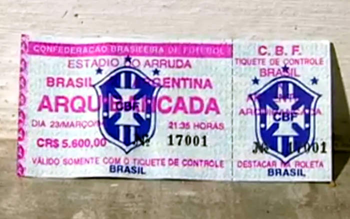 Ingresso de Brasil 2 x 0 Argentina no Arruda, em 1994